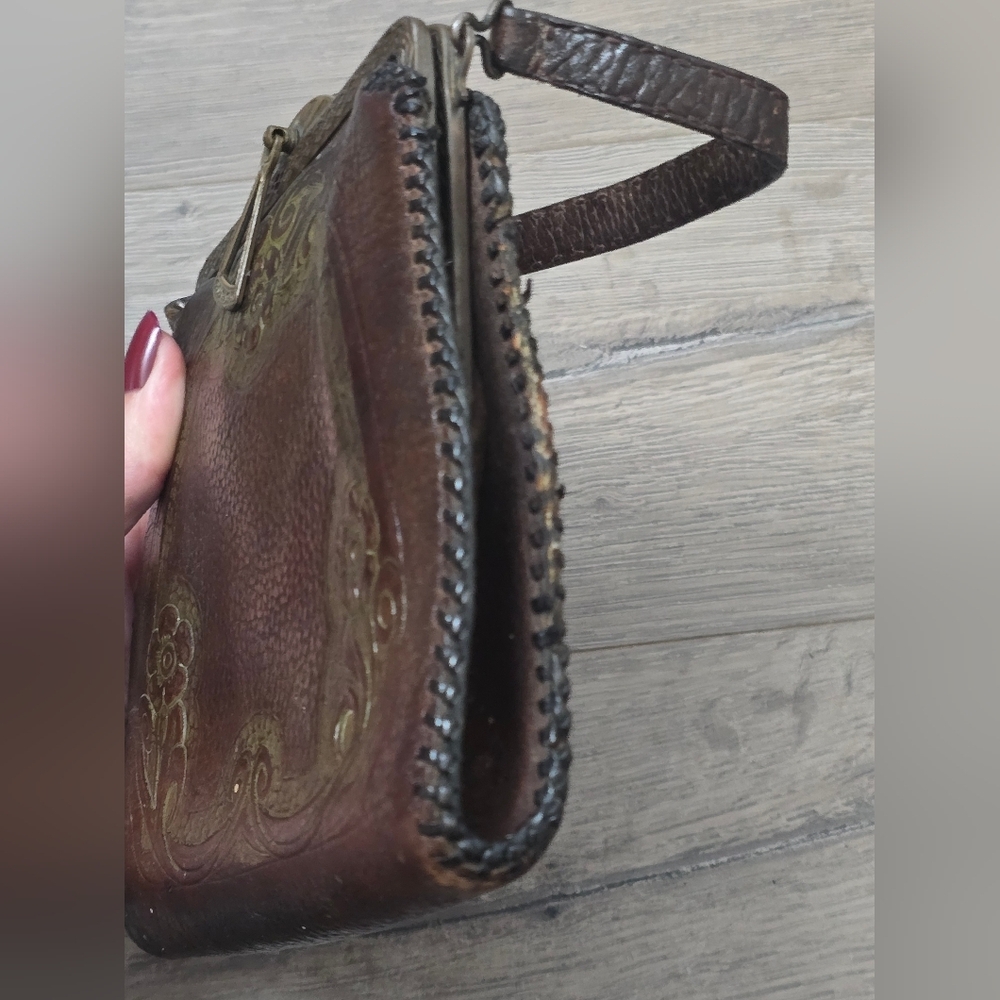 Antique Early 1900's Hand Tooled Leather Hand Bag Art Nouveau Deep Brown - Picture 4 of 13